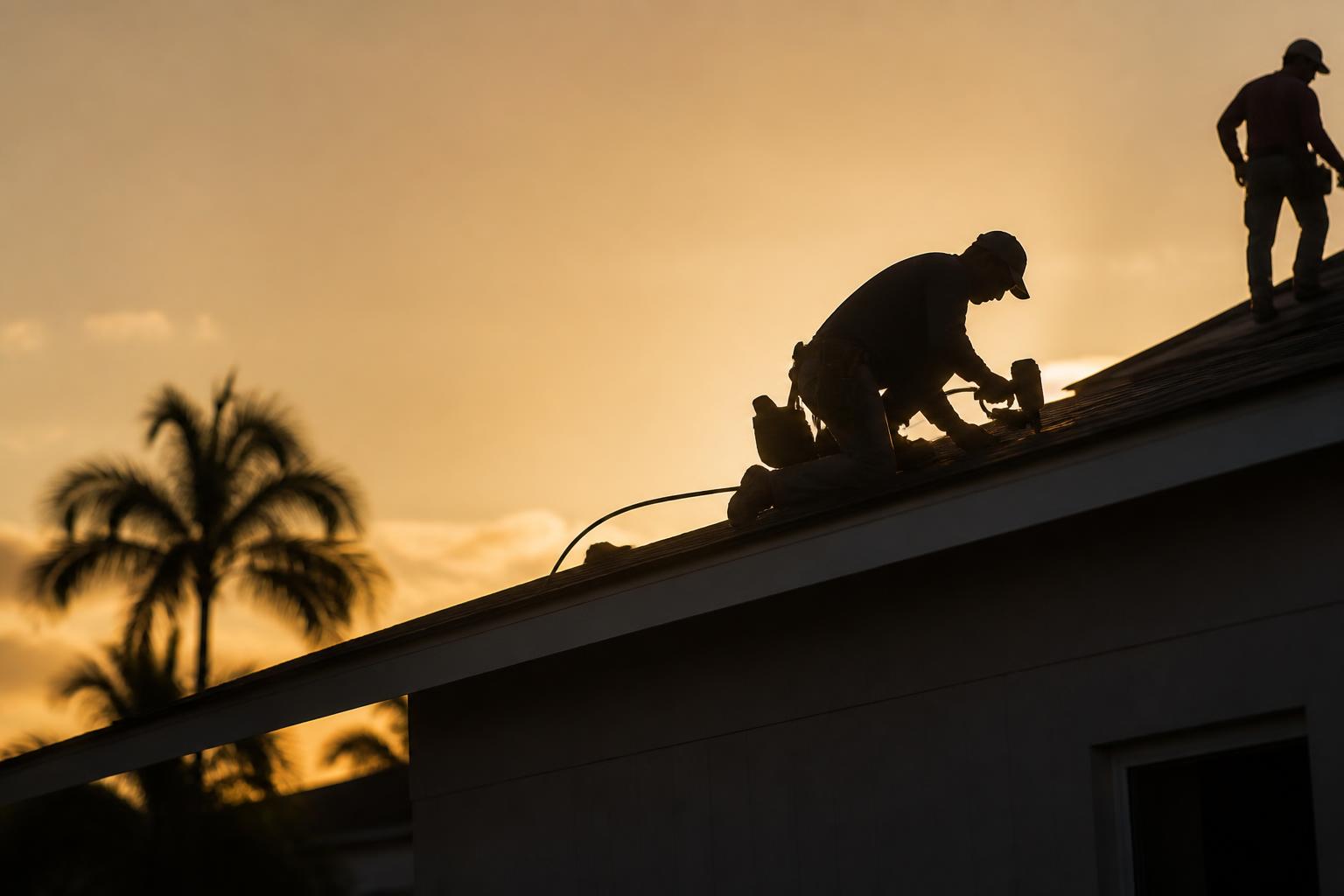 A roofing crew silhouetted on a ridge at dawn