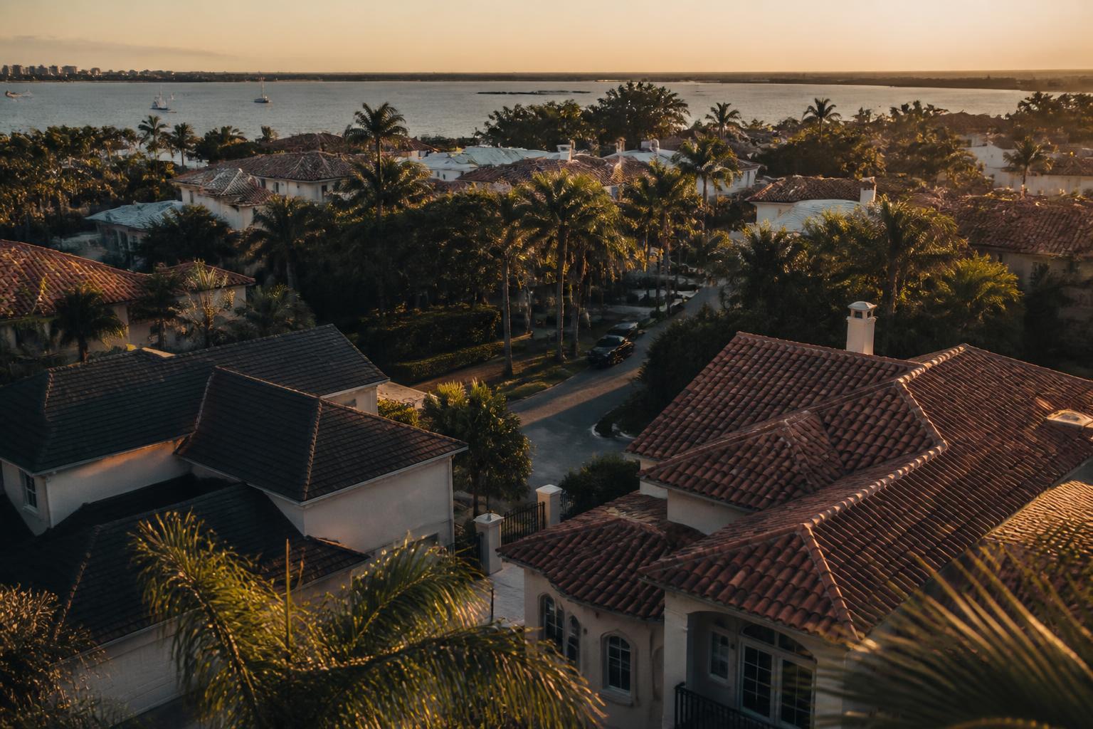 Aerial view of a Tampa Bay coastal neighborhood at golden hour